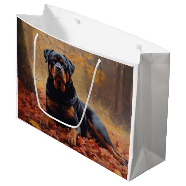 Rottweiler in Autumn Leaves Fall Inspire Large Gift Bag (Front Angled)