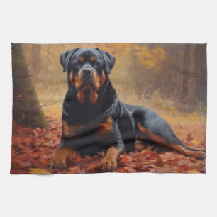 Rottweiler in Autumn Leaves Fall Inspire Tea Towel