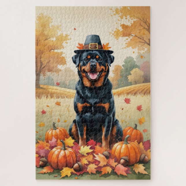 Rottweiler In Autumn Leaves Thanksgiving Art  Jigsaw Puzzle (Vertical)
