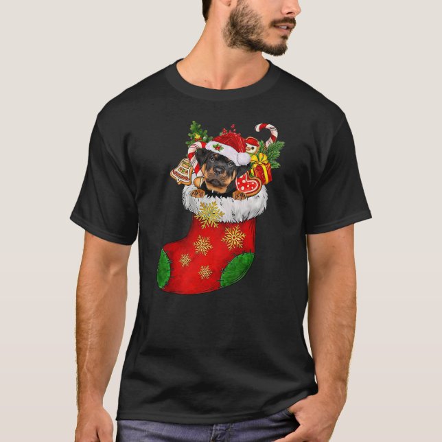 Rottweiler In Sock Christmas Santa Hat Xmas Dog Lo T-Shirt (Front)