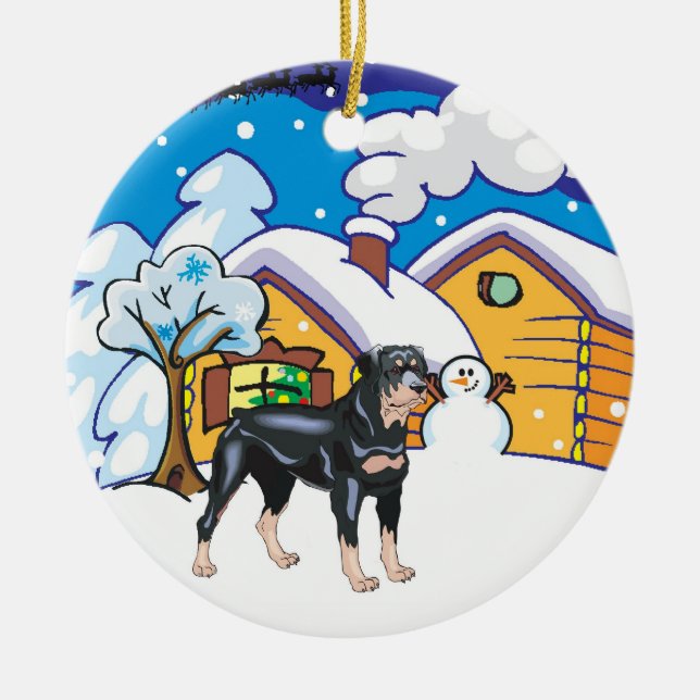 Rottweiler Log Cabin Ceramic Tree Decoration (Front)
