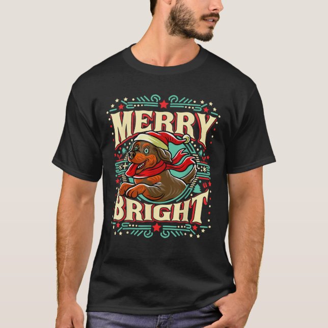 Rottweiler Merry Bright Christmas Santa Claus Dog  T-Shirt (Front)