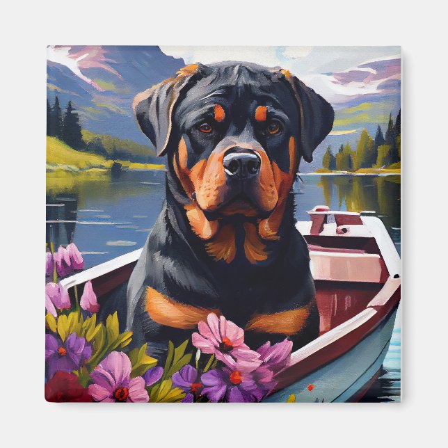 Rottweiler on a Paddle: A Scenic Adventure Magnet (Front)
