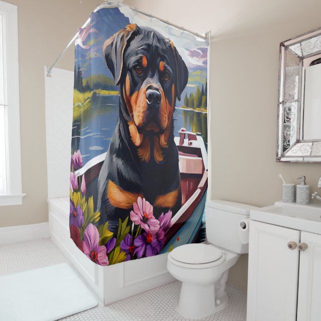 Rottweiler on a Paddle: A Scenic Adventure Shower Curtain (In Situ)
