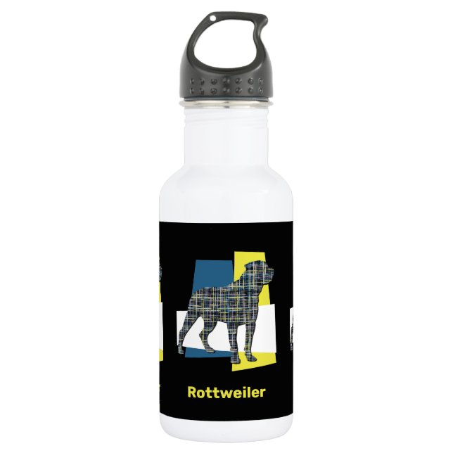 Rottweiler Pet Dog Silhouette Yellow & Blue Grid 532 Ml Water Bottle (Front)