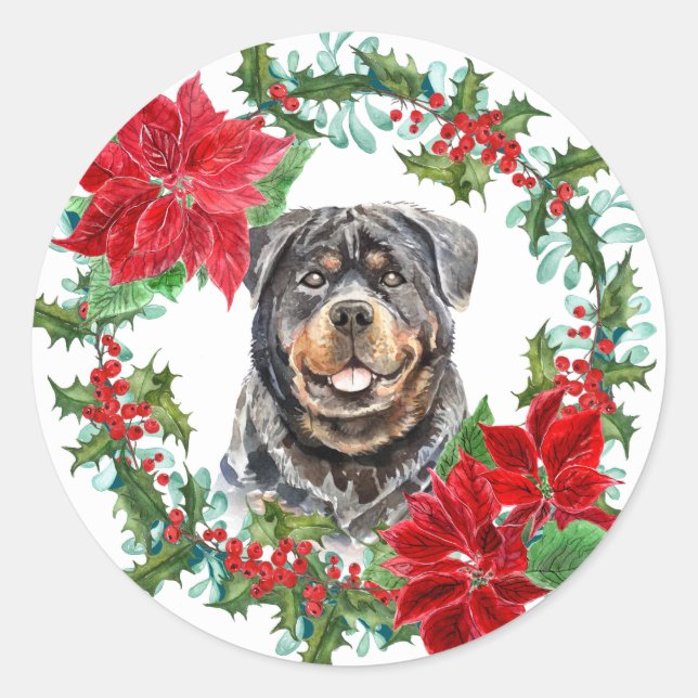 Rottweiler Poinsettia Holly Berry Christmas Wreath Classic Round Sticker (Front)