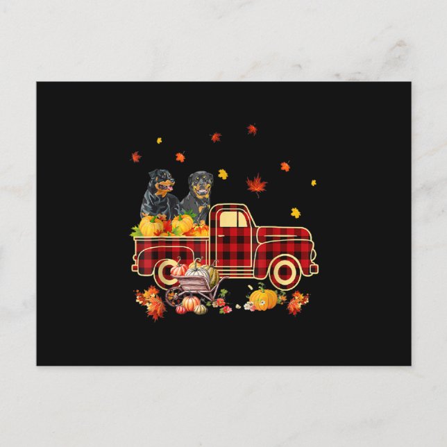 Rottweiler Pumpkin Truck Fall Leaf Thanksgiving Announcement Postcard (Front)