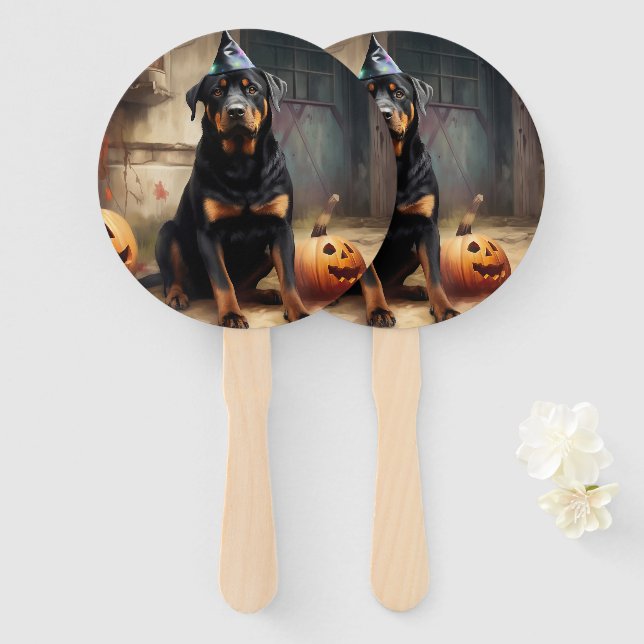 Rottweiler Pumpkins Halloween Scary  Hand Fan (Front and Back)