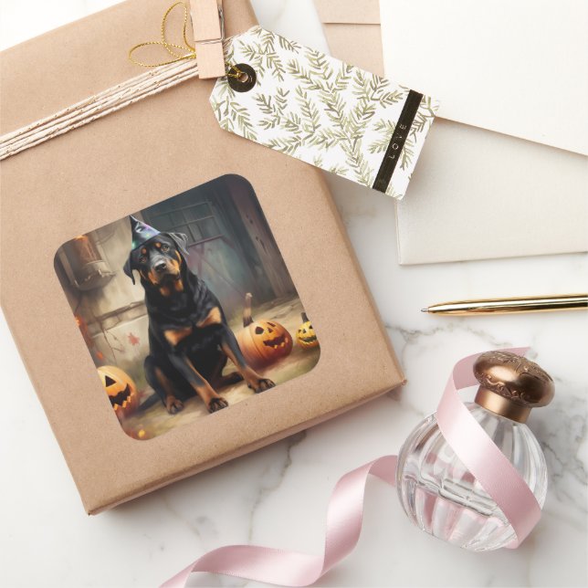 Rottweiler Pumpkins Halloween Scary  Square Sticker (Gifting)