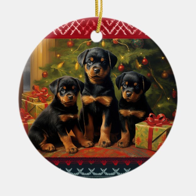 Rottweiler puppies Christmas  Ceramic Tree Decoration (Front)