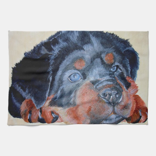 Rottweiler Puppy Artistic Pet Portrait Tea Towel (Horizontal)