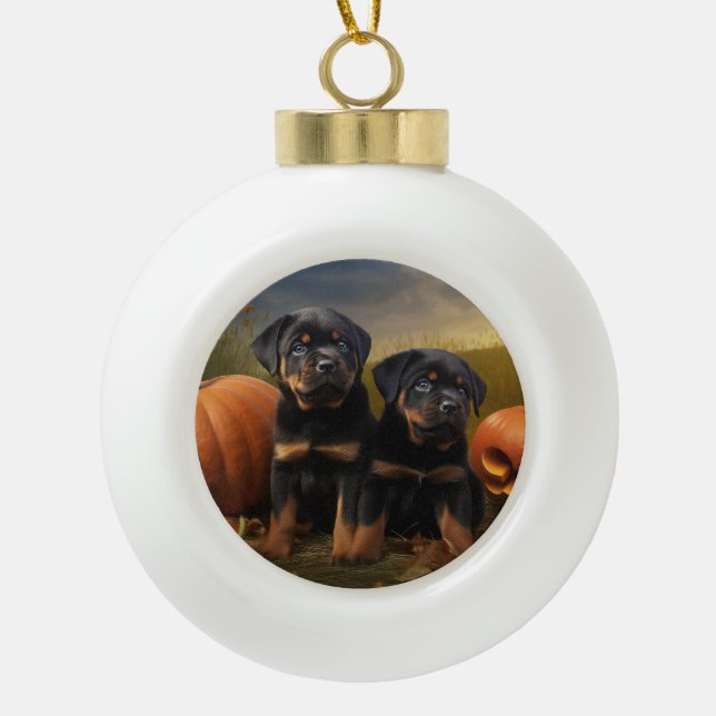 Rottweiler Puppy Autumn Delight Pumpkin Ceramic Ball Christmas Ornament (Front)