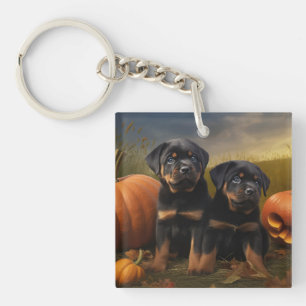 Rottweiler Puppy Autumn Delight Pumpkin Key Ring