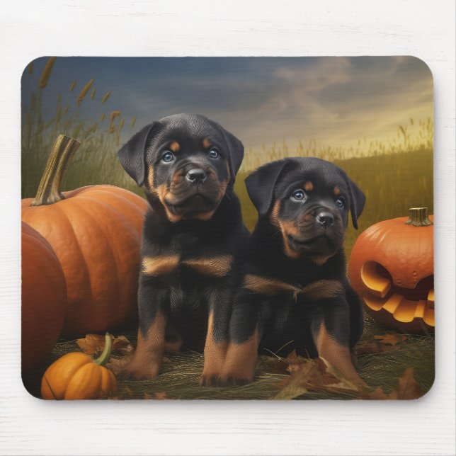 Rottweiler Puppy Autumn Delight Pumpkin Mouse Mat (Front)