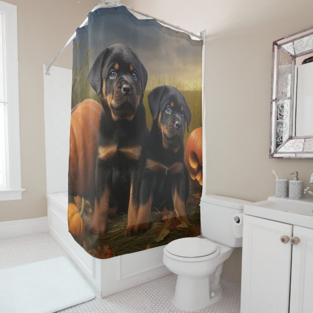 Rottweiler Puppy Autumn Delight Pumpkin Shower Curtain (In Situ)