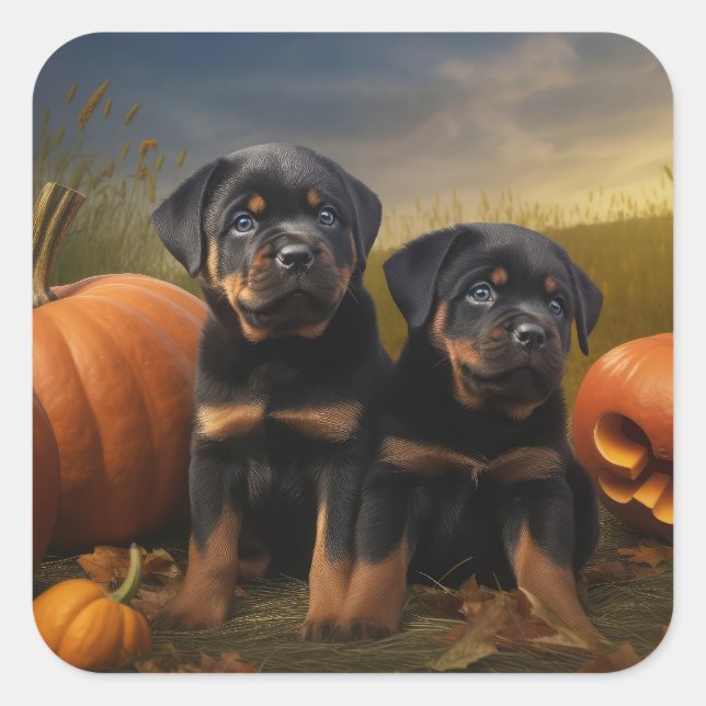 Rottweiler Puppy Autumn Delight Pumpkin Square Sticker (Front)