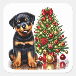 Rottweiler Puppy by a Christmas Tree With Gifts Square Sticker