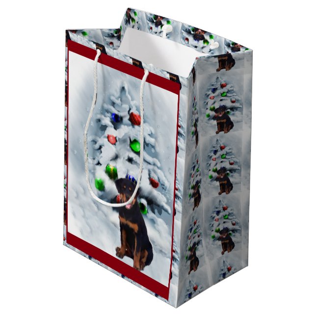Rottweiler Puppy Christmas Medium Gift Bag (Back Angled)