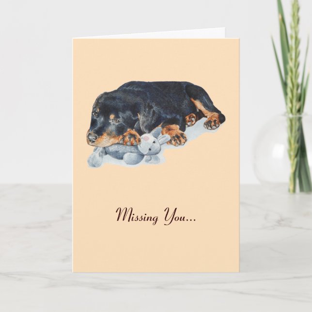rottweiler puppy dog cuddling teddy missing you card (Front)