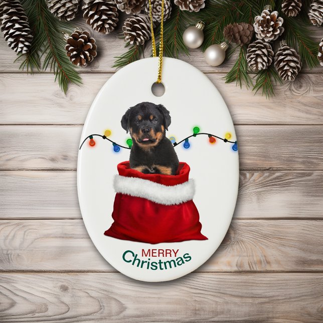Rottweiler Puppy Dog in Holiday Gift Bag Ceramic Tree Decoration (Creator Uploaded)