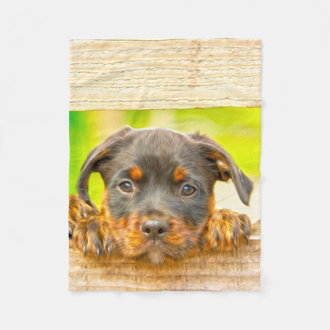 Rottweiler Puppy Dog Water Colour Oil Paint Art Fleece Blanket (Front)