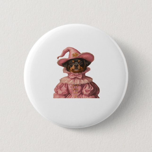 Rottweiler Puppy Dressed as a Pink Witch – Cute Ha 6 Cm Round Badge (Front)