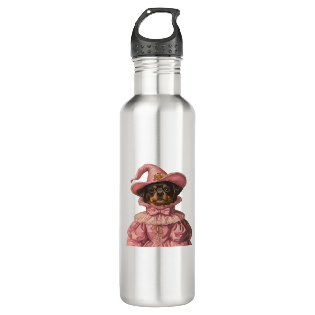 Rottweiler Puppy Dressed as a Pink Witch – Cute Ha 710 Ml Water Bottle (Front)