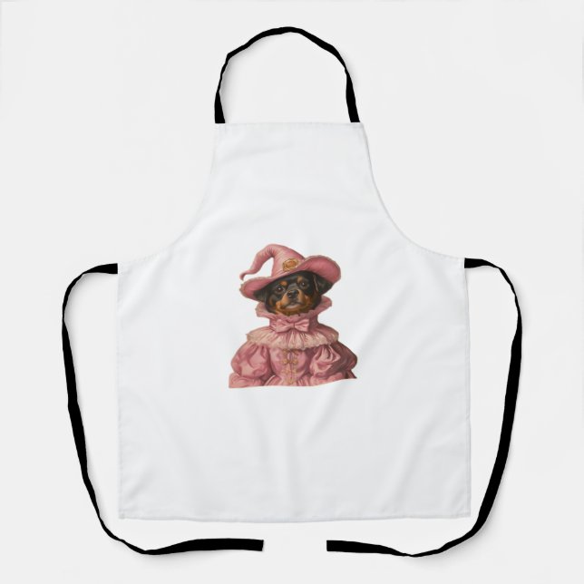 Rottweiler Puppy Dressed as a Pink Witch – Cute Ha Apron (Front)