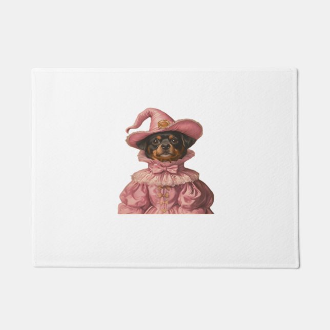 Rottweiler Puppy Dressed as a Pink Witch – Cute Ha Doormat (Front)