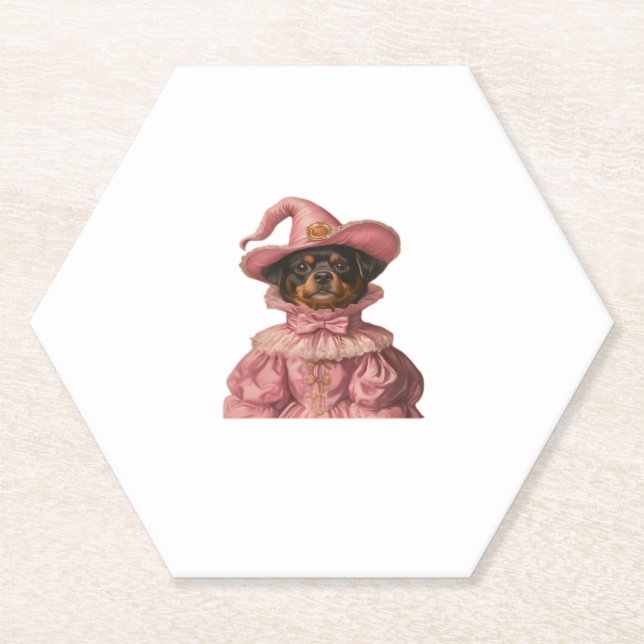 Rottweiler Puppy Dressed as a Pink Witch – Cute Ha Paper Coaster (Front)