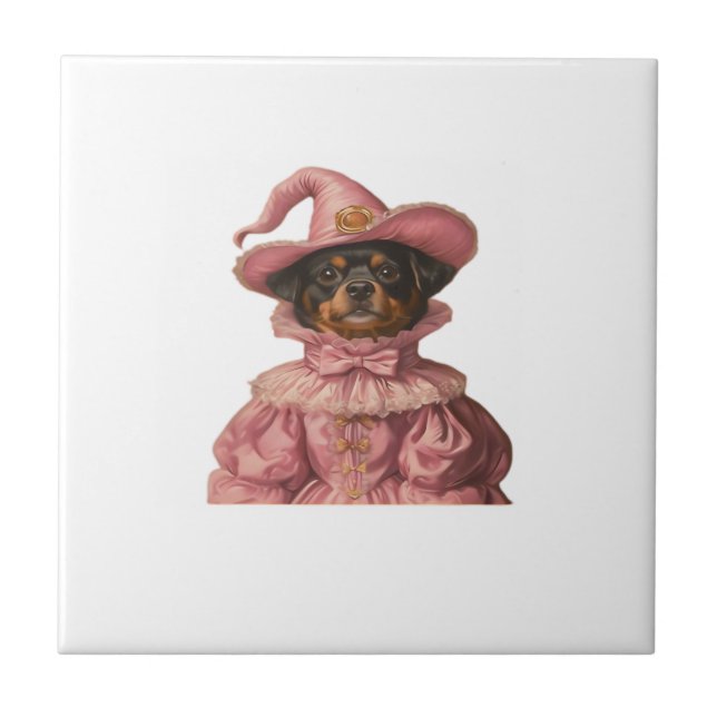 Rottweiler Puppy Dressed as a Pink Witch ? Cute Ha Tile (Front)
