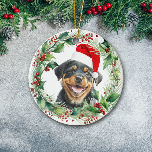 Rottweiler Puppy Holly Wreath Christmas Ceramic Tree Decoration