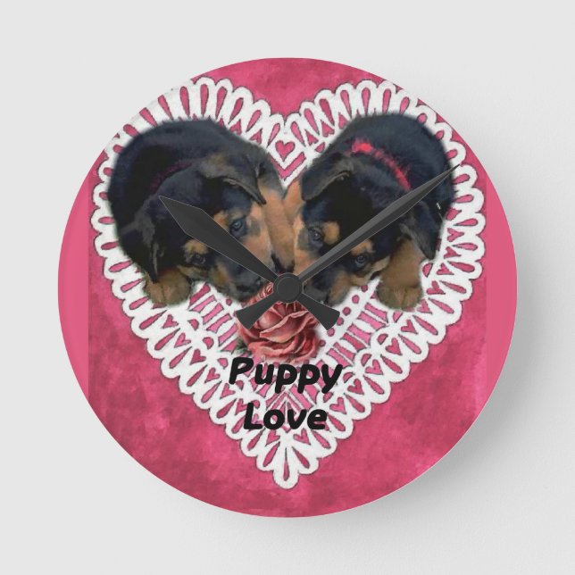 Rottweiler Puppy Love Valentines Round Clock (Front)