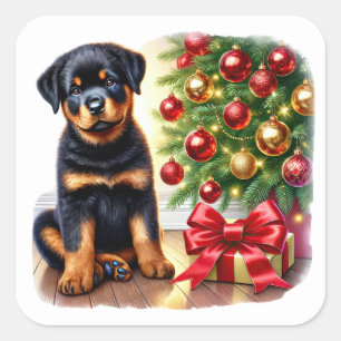 Rottweiler Puppy Next to a Christmas Tree Square Sticker