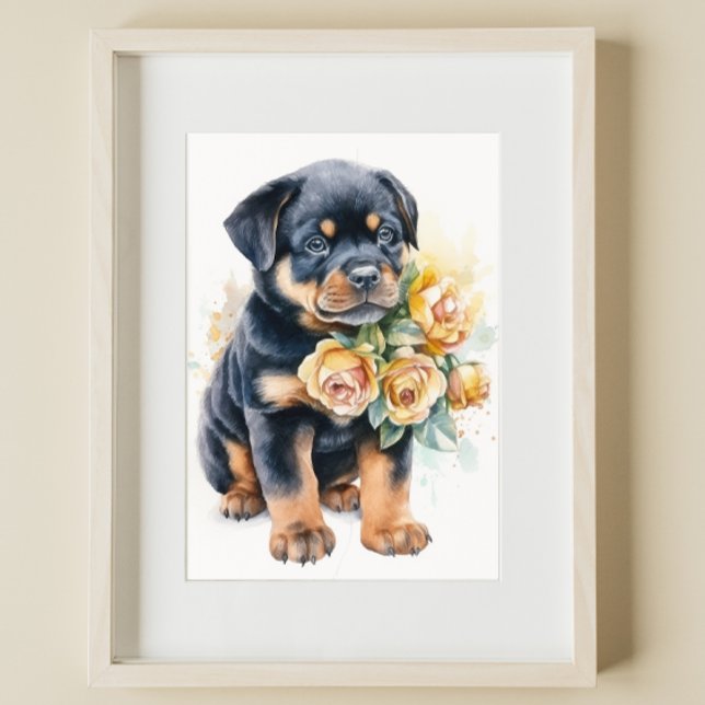 Rottweiler Puppy Pet Watercolor Flower Poster (Creator Uploaded)
