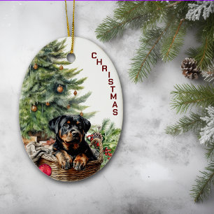 Rottweiler Puppy Wicker Basket Christmas Ceramic Tree Decoration