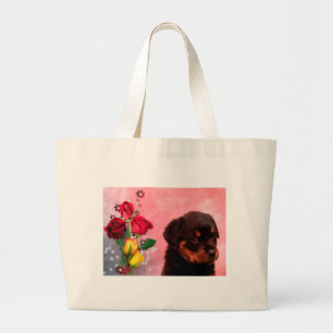 Rottweiler Puppy with Red and Yellow Flowers Large Tote Bag