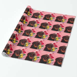 Rottweiler Puppy with Red and Yellow Flowers Wrapping Paper