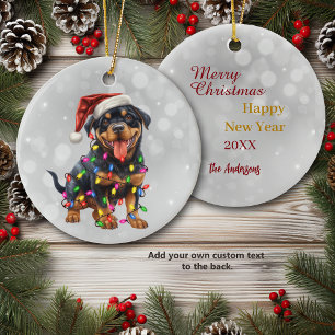 Rottweiler Puppy Wrapped in Christmas Lights  Ceramic Tree Decoration