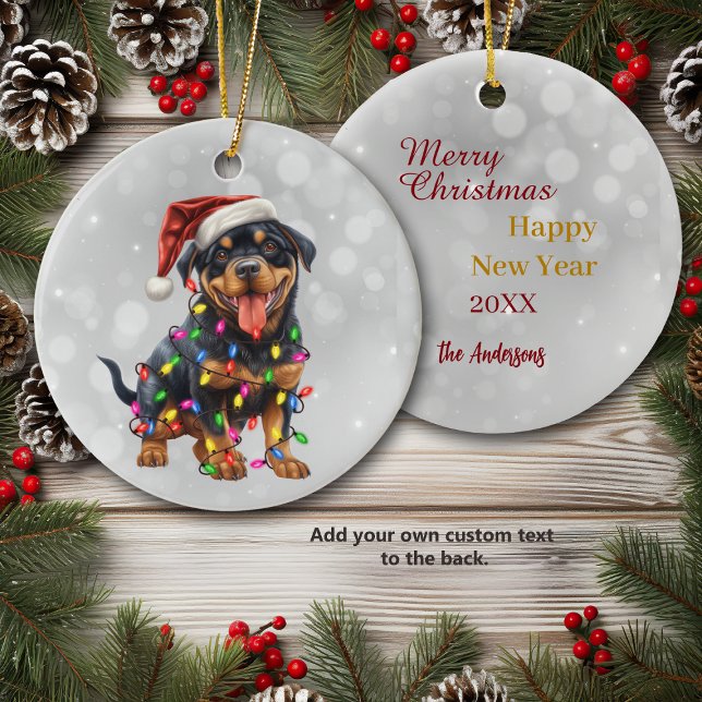Rottweiler Puppy Wrapped in Christmas Lights  Ceramic Tree Decoration (Creator Uploaded)