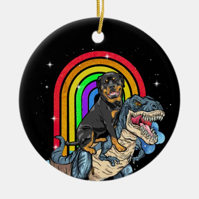 Rottweiler Riding Dinosaur T rex Rainbow Ceramic Tree Decoration (Front)