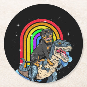 Rottweiler Riding Dinosaur T rex Rainbow Round Paper Coaster