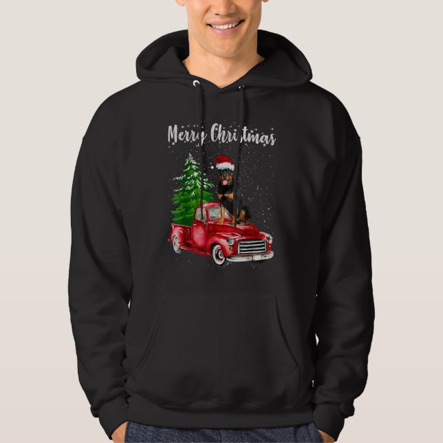 Rottweiler Riding Red Truck Merry Christmas Dog Lo Hoodie (Front)