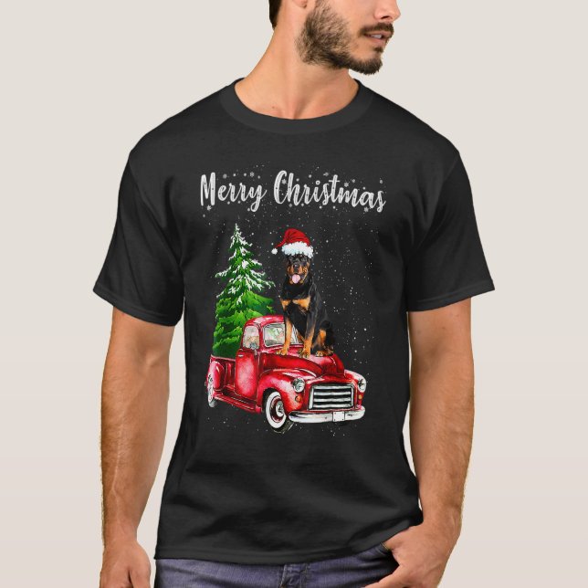 Rottweiler Riding Red Truck Merry Christmas Dog  S T-Shirt (Front)