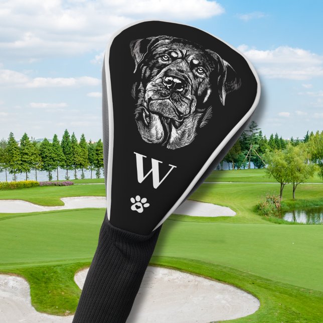 Rottweiler Rottie Dog Monogram Initial Black White Golf Head Cover (Personalize with your monogram initial)