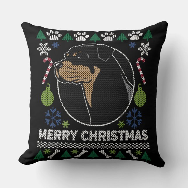 Rottweiler Rottie Merry Christmas Ugly Sweater Cushion (Front)