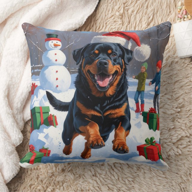 Rottweiler Running in Snow with Christmas Hat Cushion (Blanket)