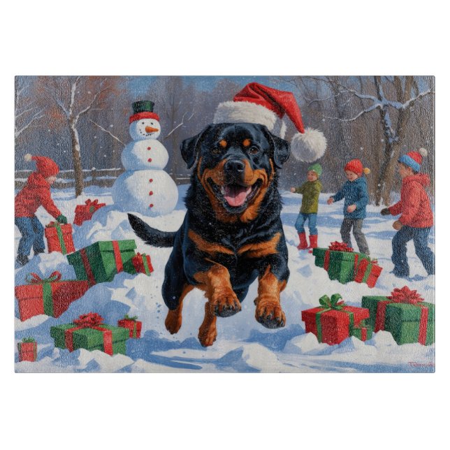Rottweiler Running in Snow with Christmas Hat Cutting Board (Front)