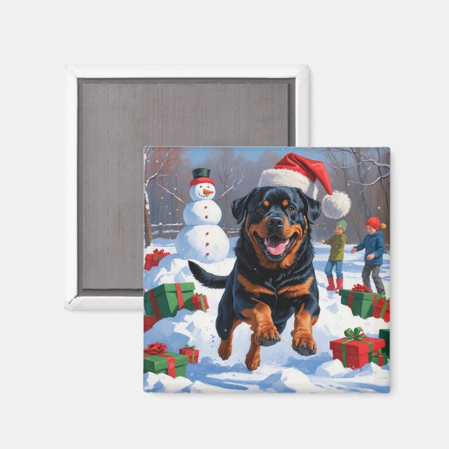 Rottweiler Running in Snow with Christmas Hat Magnet (Front/Back)