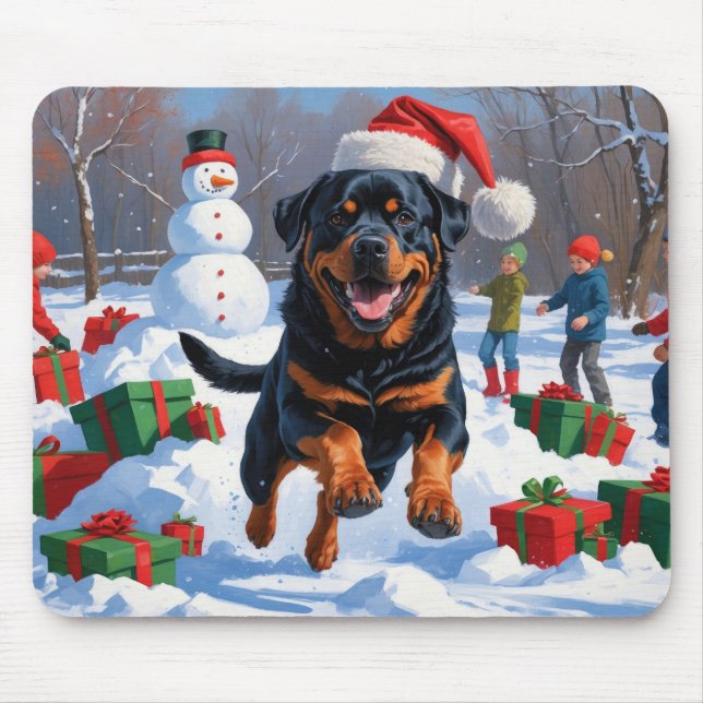 Rottweiler Running in Snow with Christmas Hat Mouse Mat (Front)